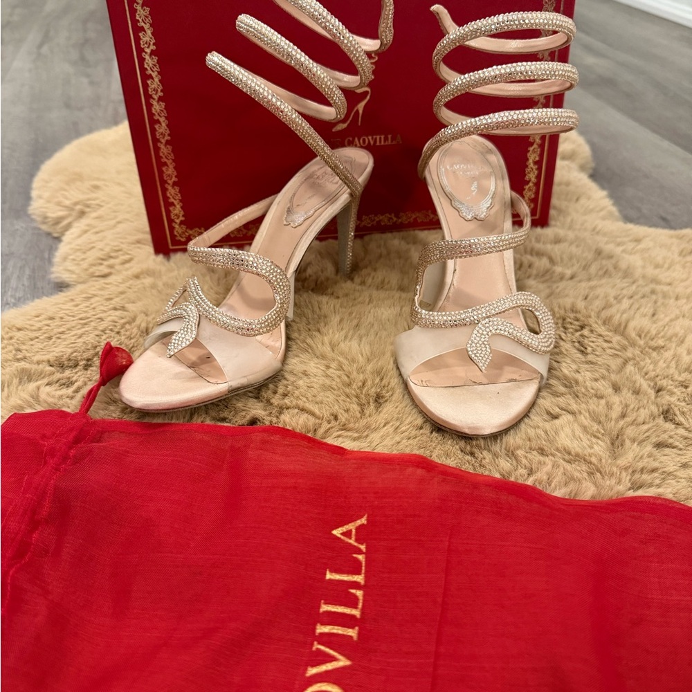 Rene Caovilla Gold and Cream Embellished Heels